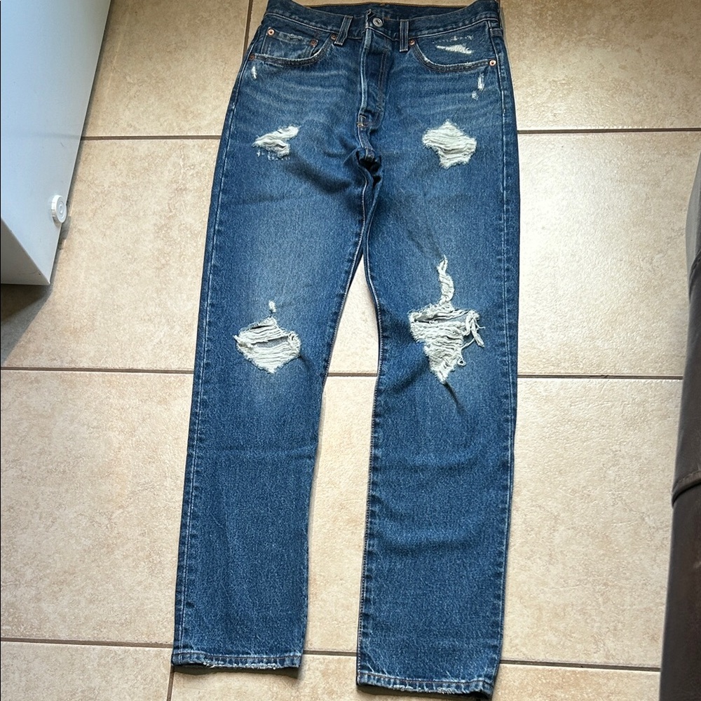 Levis 501 Ripped Jeans Women 28 x 32 High Rise Straight Button Fly